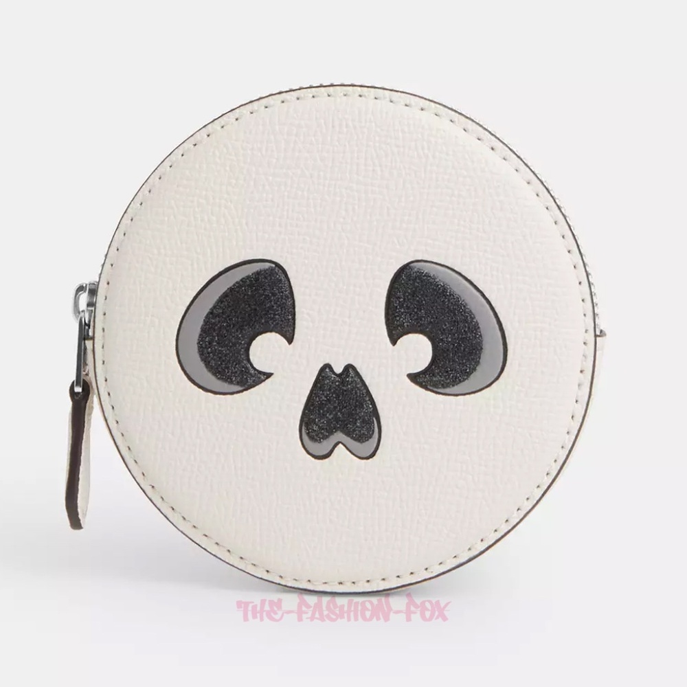 Coach Halloween Skull Leather Coin Case Pouch Change Purse Mini Bag in Chalk NWT